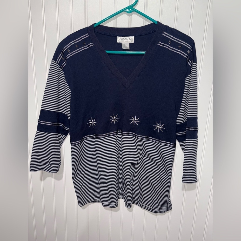 Vintage Adolfo Navy and White Striped V-Neck Sweater